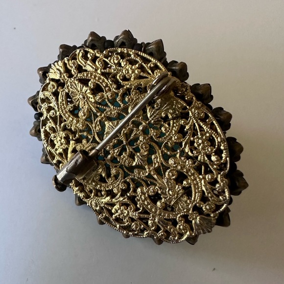 Vintage 1960s French Couture Turquoise Glass Bead Rhinestone Filigree Brooch